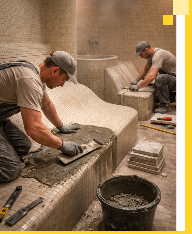 Лежаки для хамама под ключ в Череповце, проект и монтаж